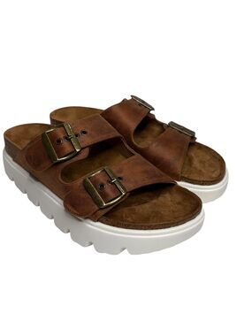 HEY GIRL Brown Faux Suede Double Buckle Slide Sandals NWOT $49